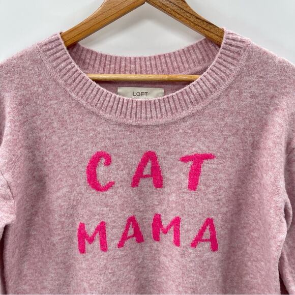 Loft “CAT MAMA” Wool Blend Soft Cozy Pink Crewneck Sweater Size Medium - Picture 5 of 11